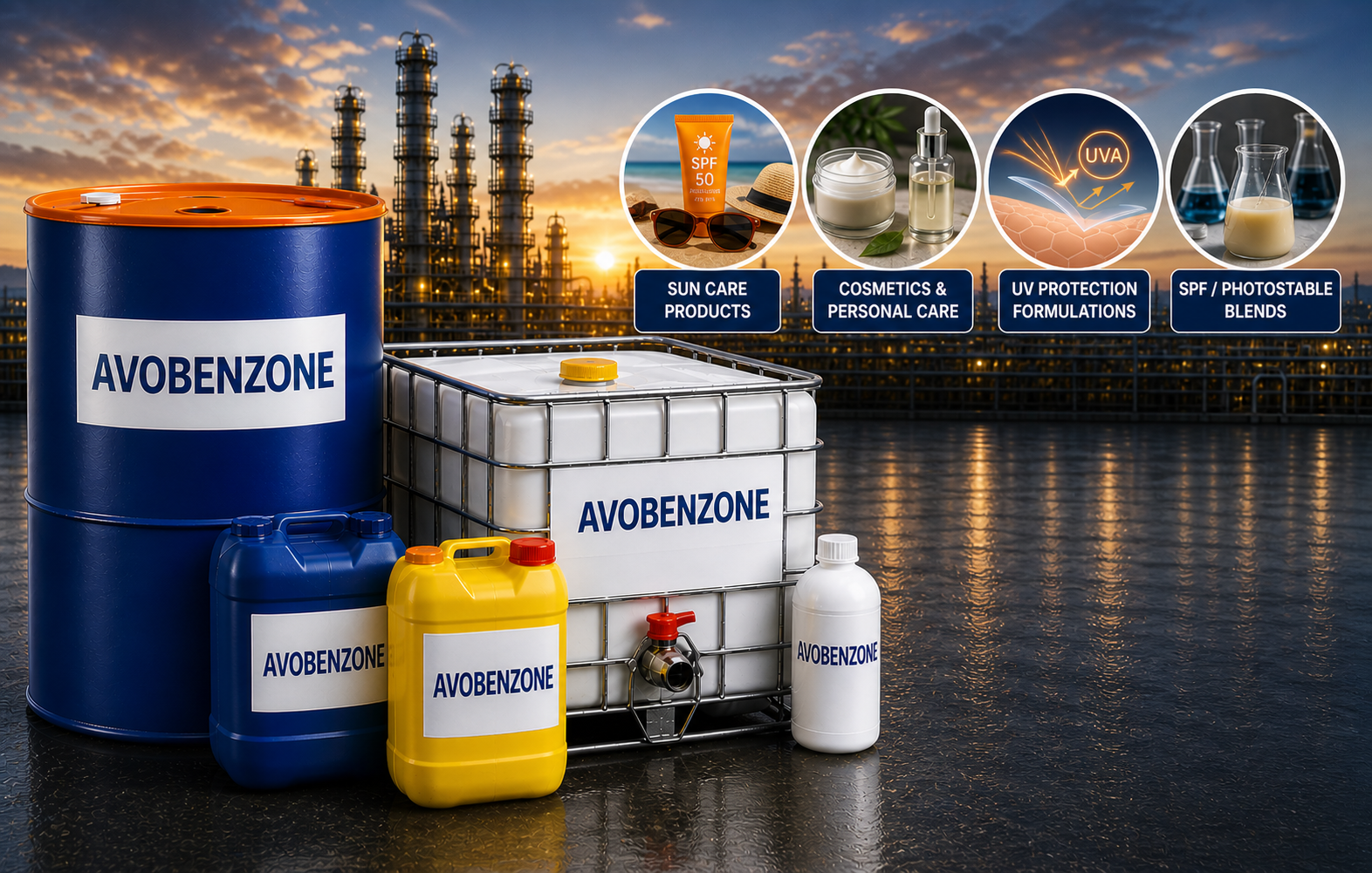Avobenzone bulk containers, bottles, and UV protection applications.