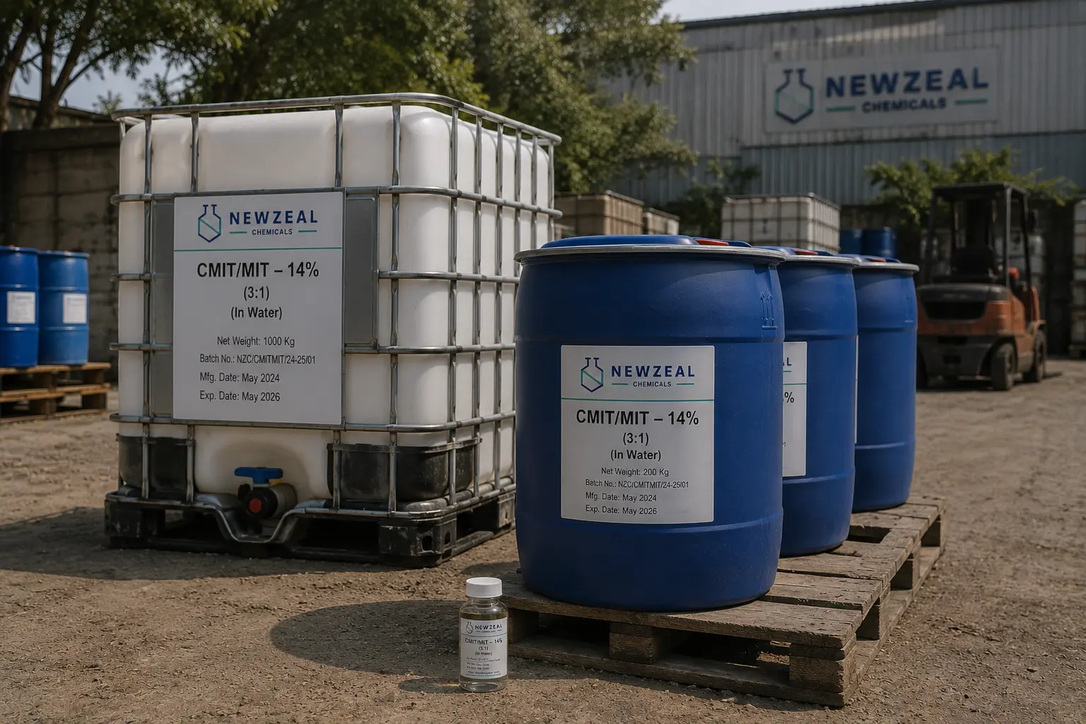 CMIT/MIT 14% biocide packaged in IBC tanks and HDPE drums for industrial water treatment and preservation.